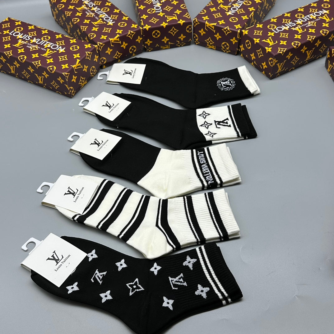 Louis Vuitton Brown Pattern Black White Letter Mix Crew Socks, image 2