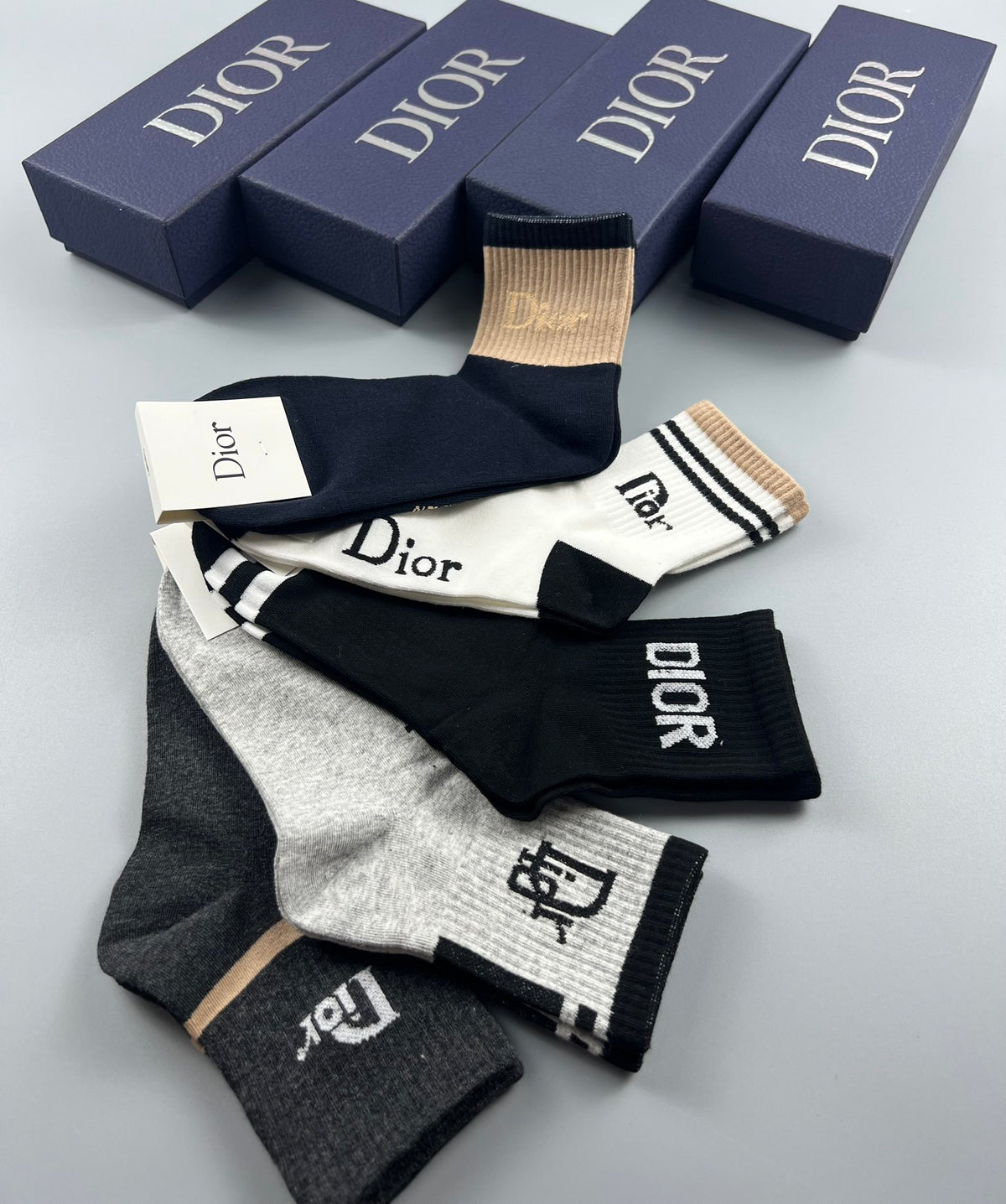 Dior Neutral Mixed Letter Panels Crew Socks, image 8