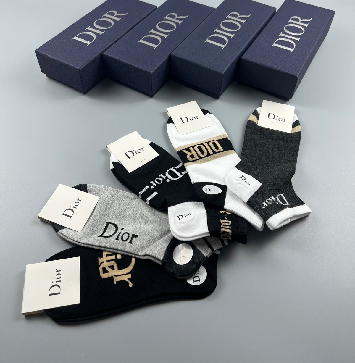 Dior Black White Grey Mixed Monogram Panels Ankle Socks, image 7