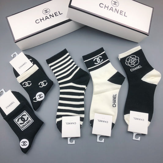 Chanel Black White Broad Stripes and Emblems Crew Socks, image 1
