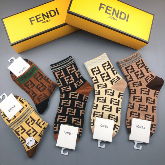 Fendi Brown Cream Black Repeating Letters Crew Socks, image 1