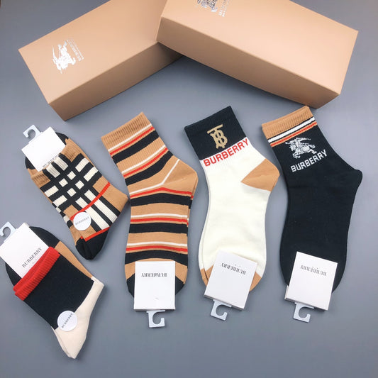 Burberry Black White Orange Check Stripes Crew Socks, image 1