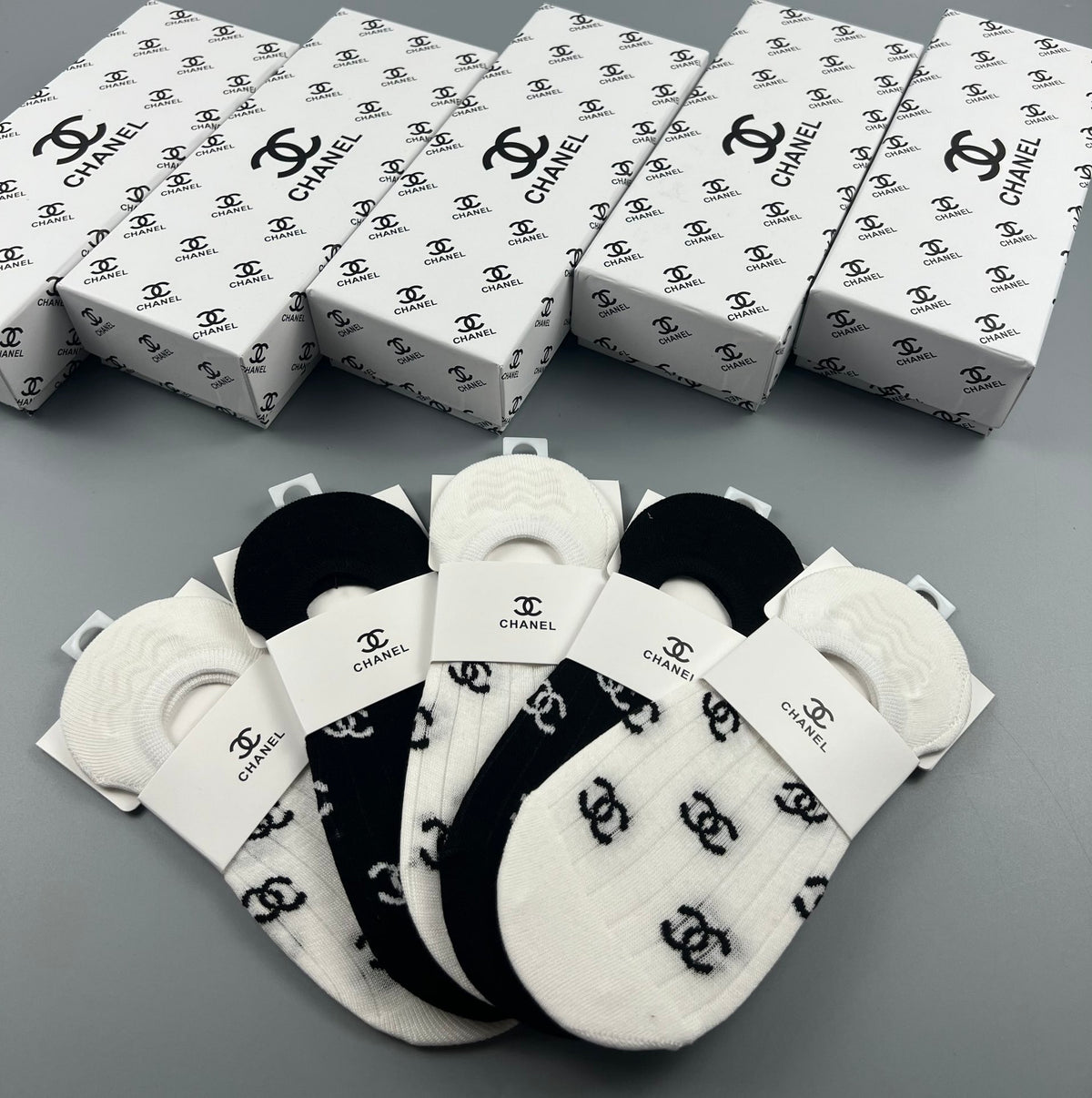 Chanel Black White Repeated Interlocking Letters No-Show Socks, image 3