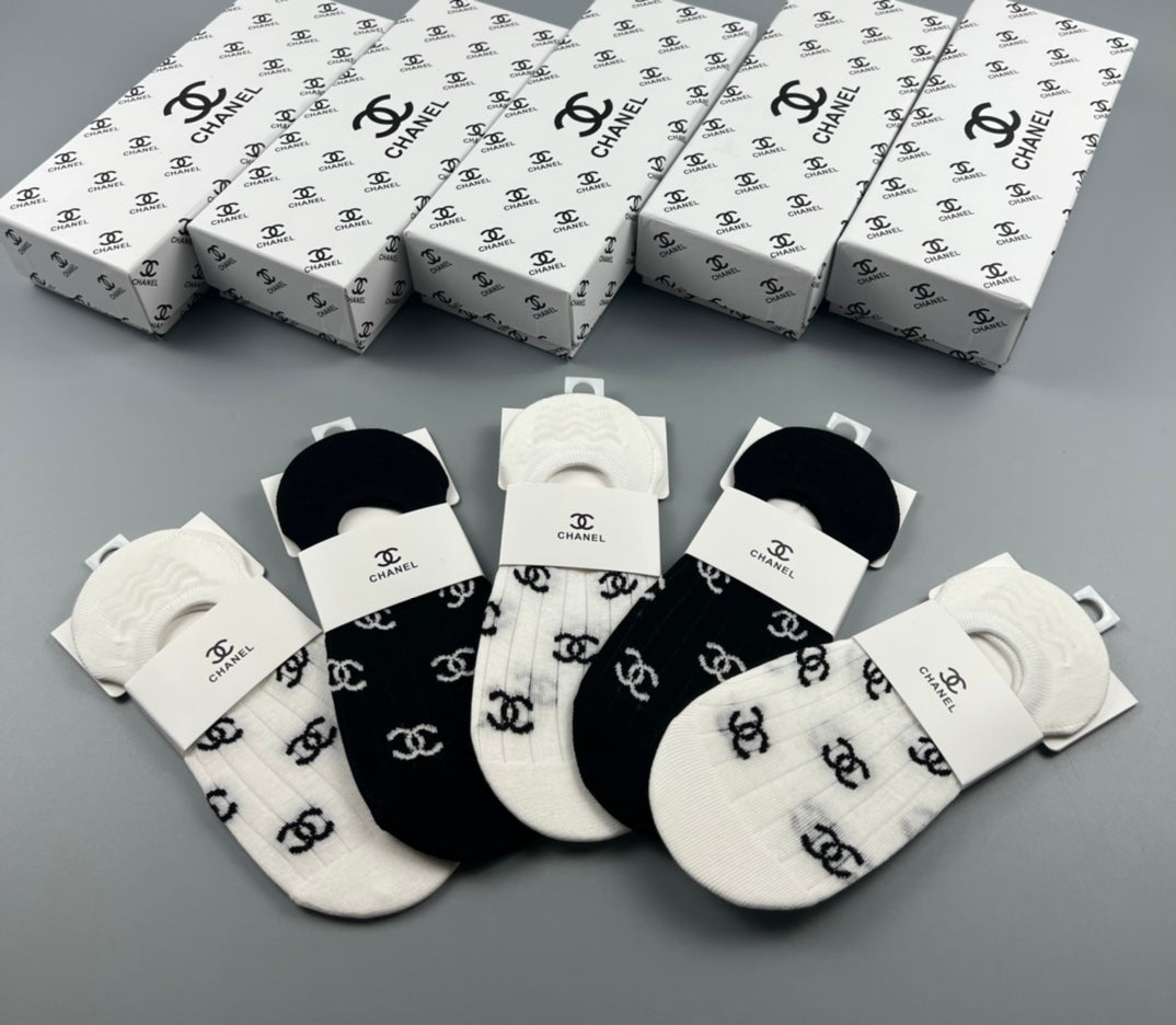 Chanel Black White Repeated Interlocking Letters No-Show Socks, image 6
