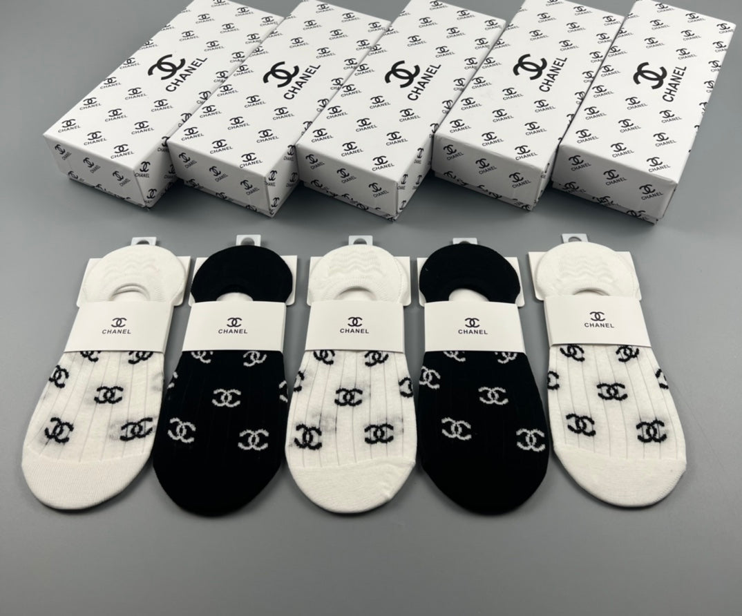 Chanel Black White Repeated Interlocking Letters No-Show Socks, image 1
