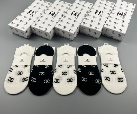 Chanel Black White Repeated Interlocking Letters No-Show Socks, image 1