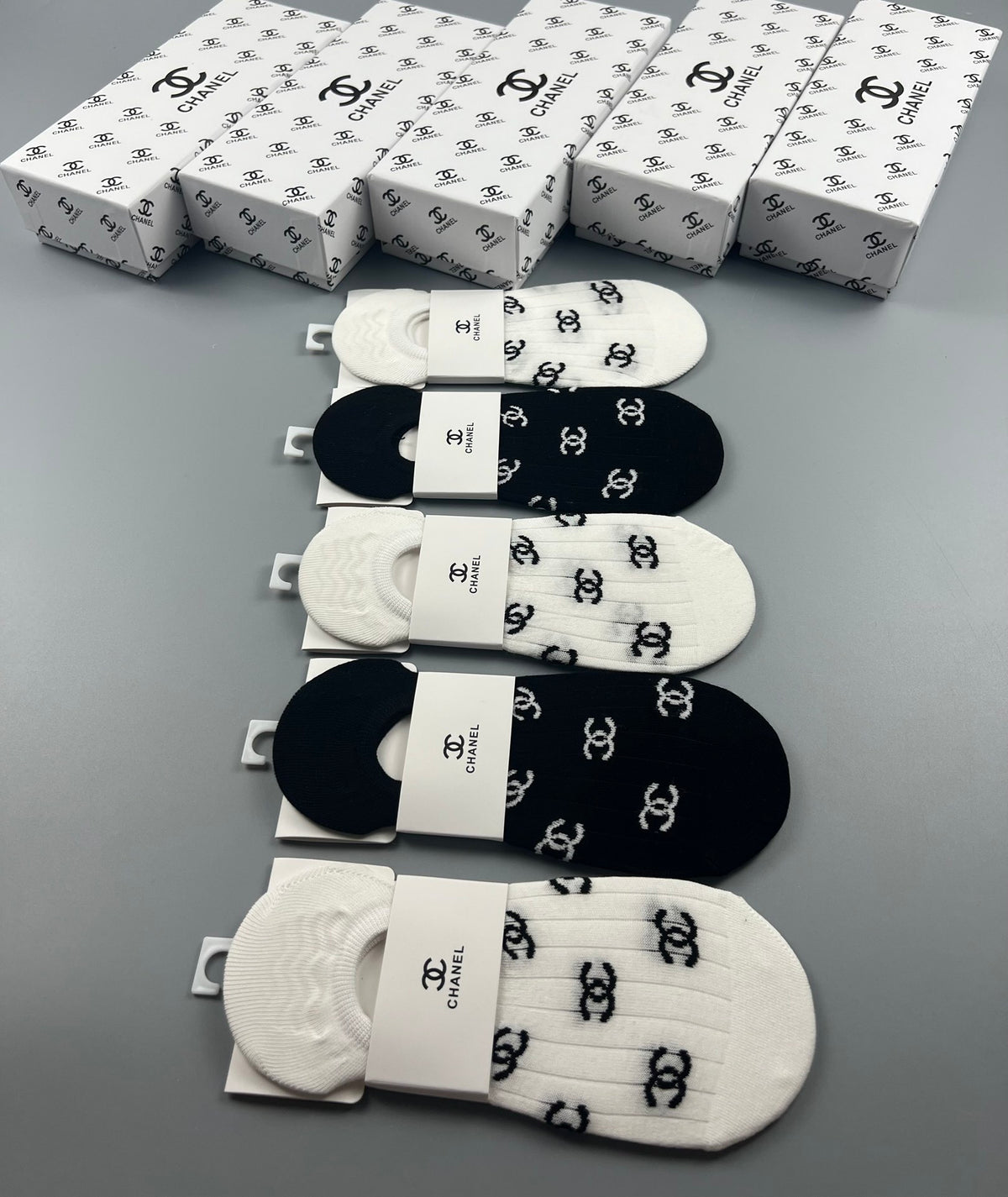 Chanel Black White Repeated Interlocking Letters No-Show Socks, image 9