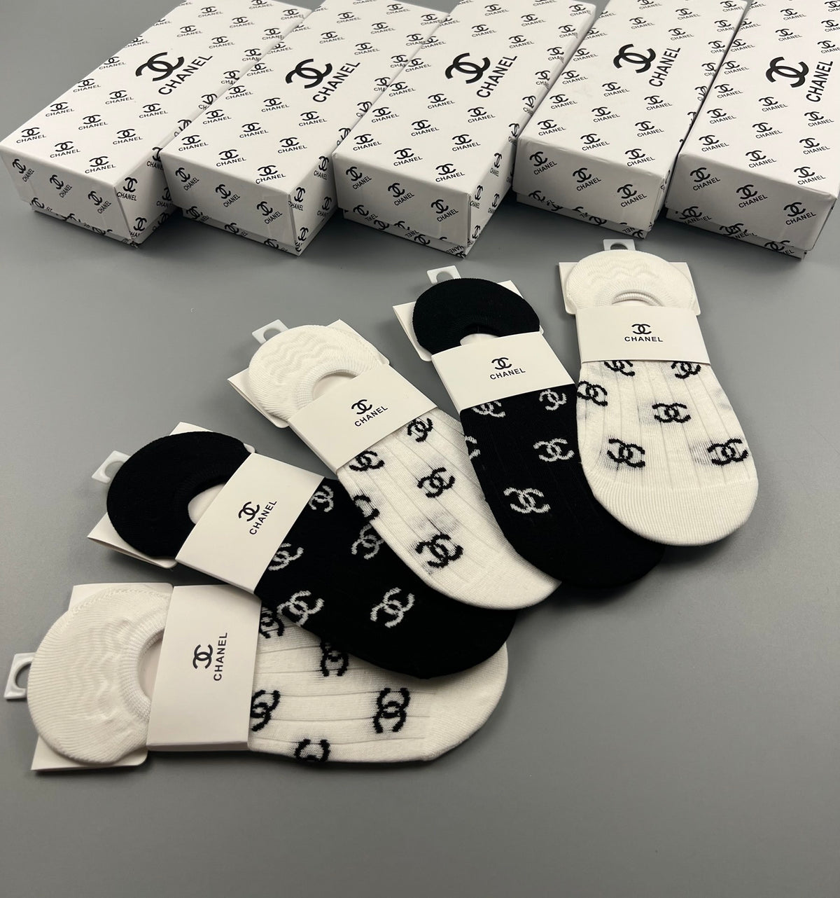 Chanel Black White Repeated Interlocking Letters No-Show Socks, image 8