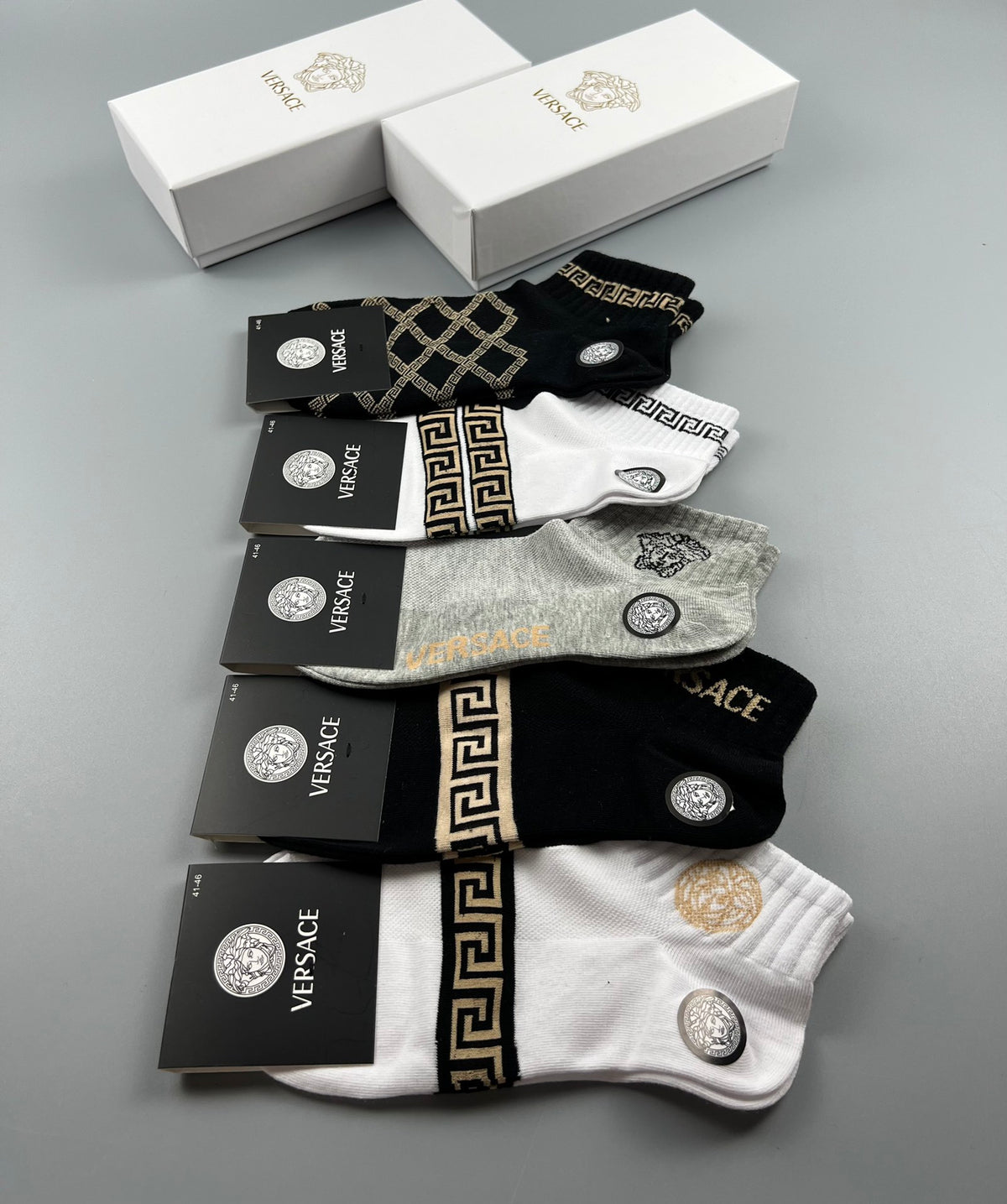 Versace Neutral Geometric Medallion Mix Crew Socks, image 8