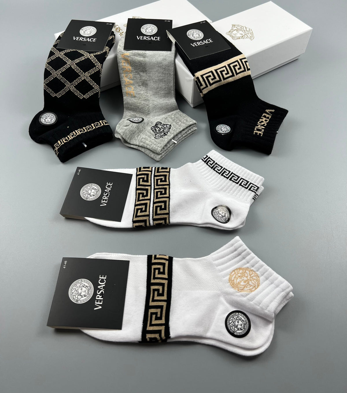 Versace Neutral Geometric Medallion Mix Crew Socks, image 4