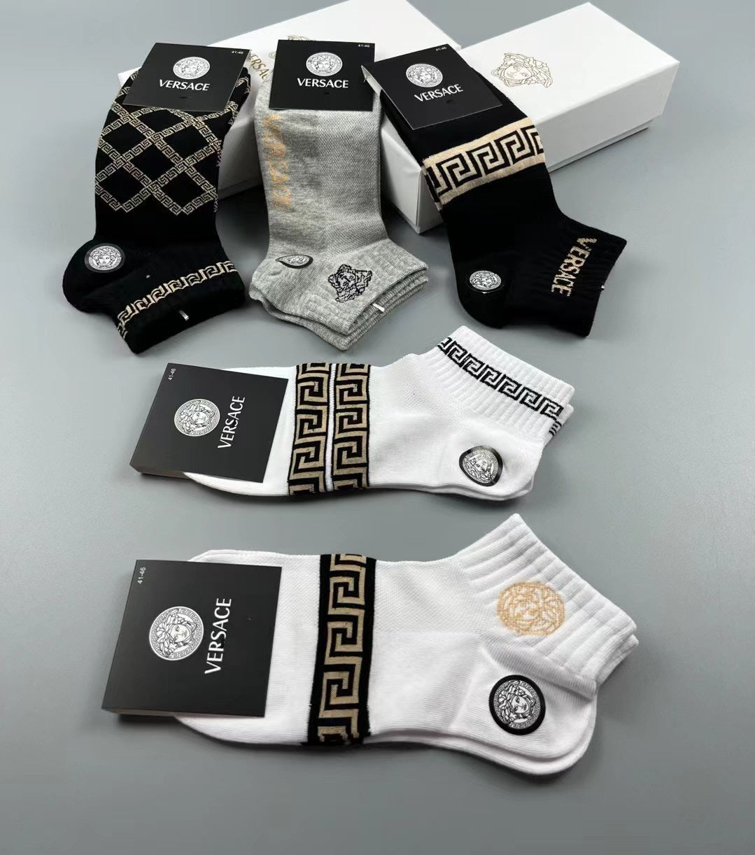 Versace Neutral Geometric Medallion Mix Crew Socks, image 13