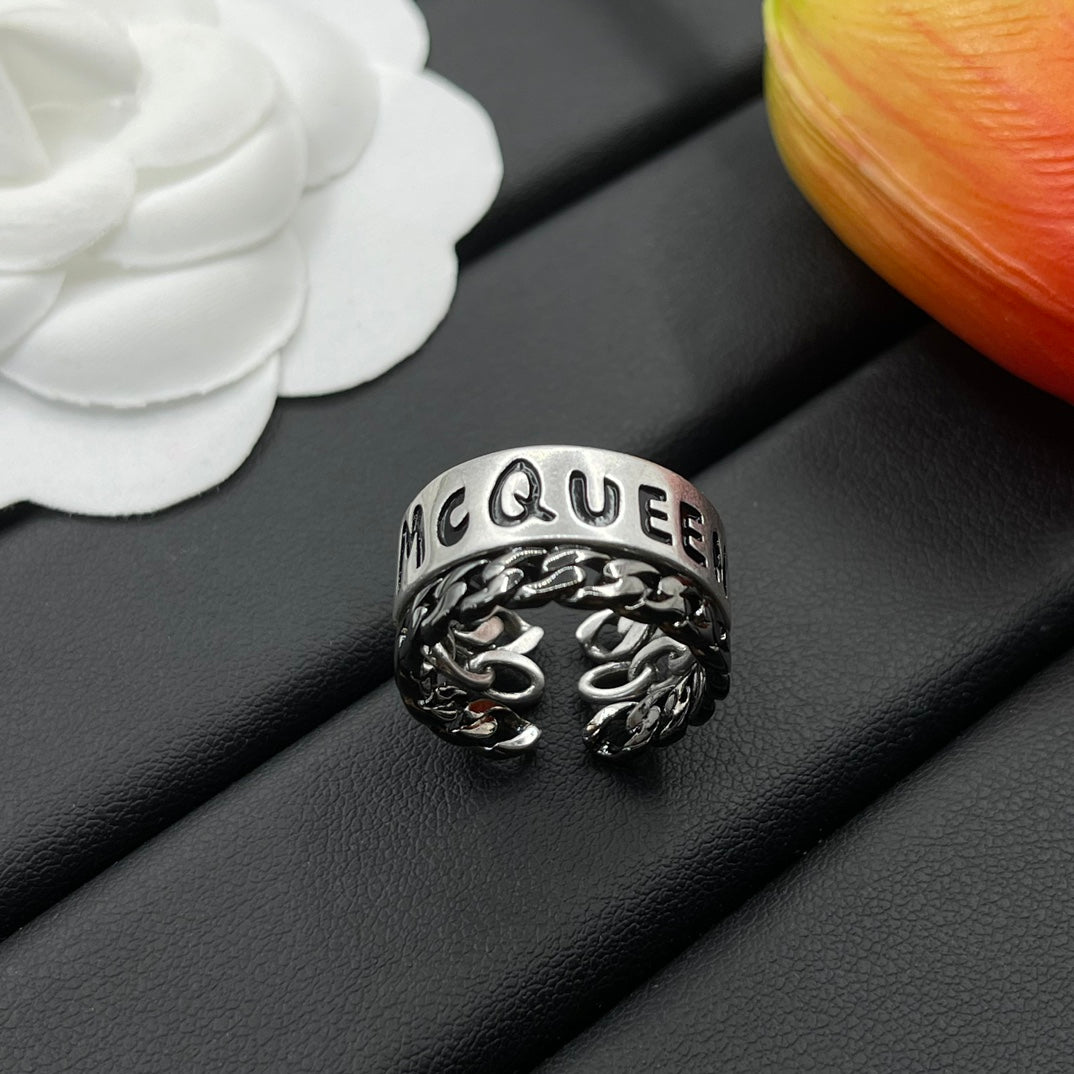 Alexander McQueen Engraved Logo Band ring in Silver Tone, detail view 9