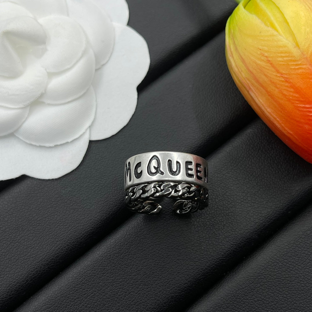 Alexander McQueen Engraved Logo Band ring in Silver Tone, detail view 8