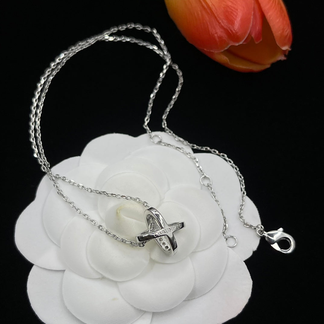 Chaumet crystal star cross pendant necklace in Silver Tone, detail view 6