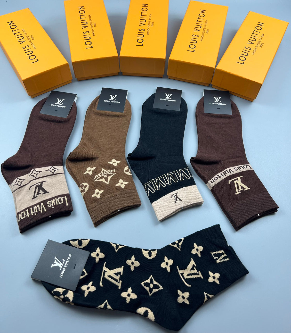 Louis Vuitton Dark Brown Black Letter Pattern Crew Socks, image 3