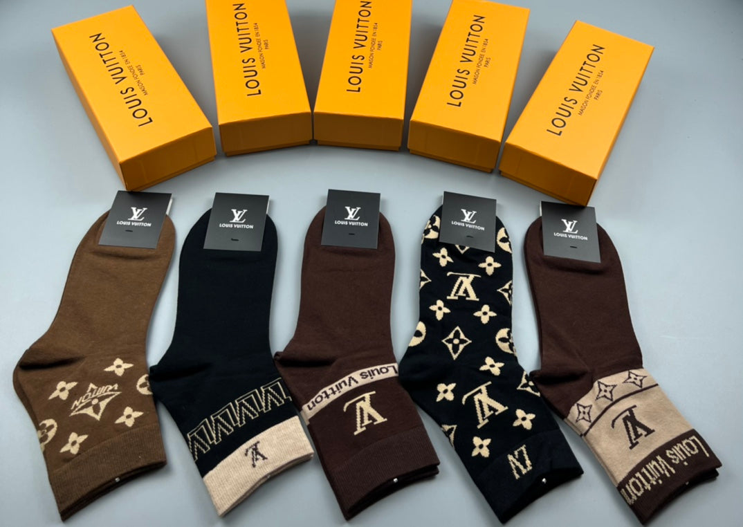 Louis Vuitton Dark Brown Black Letter Pattern Crew Socks, image 1