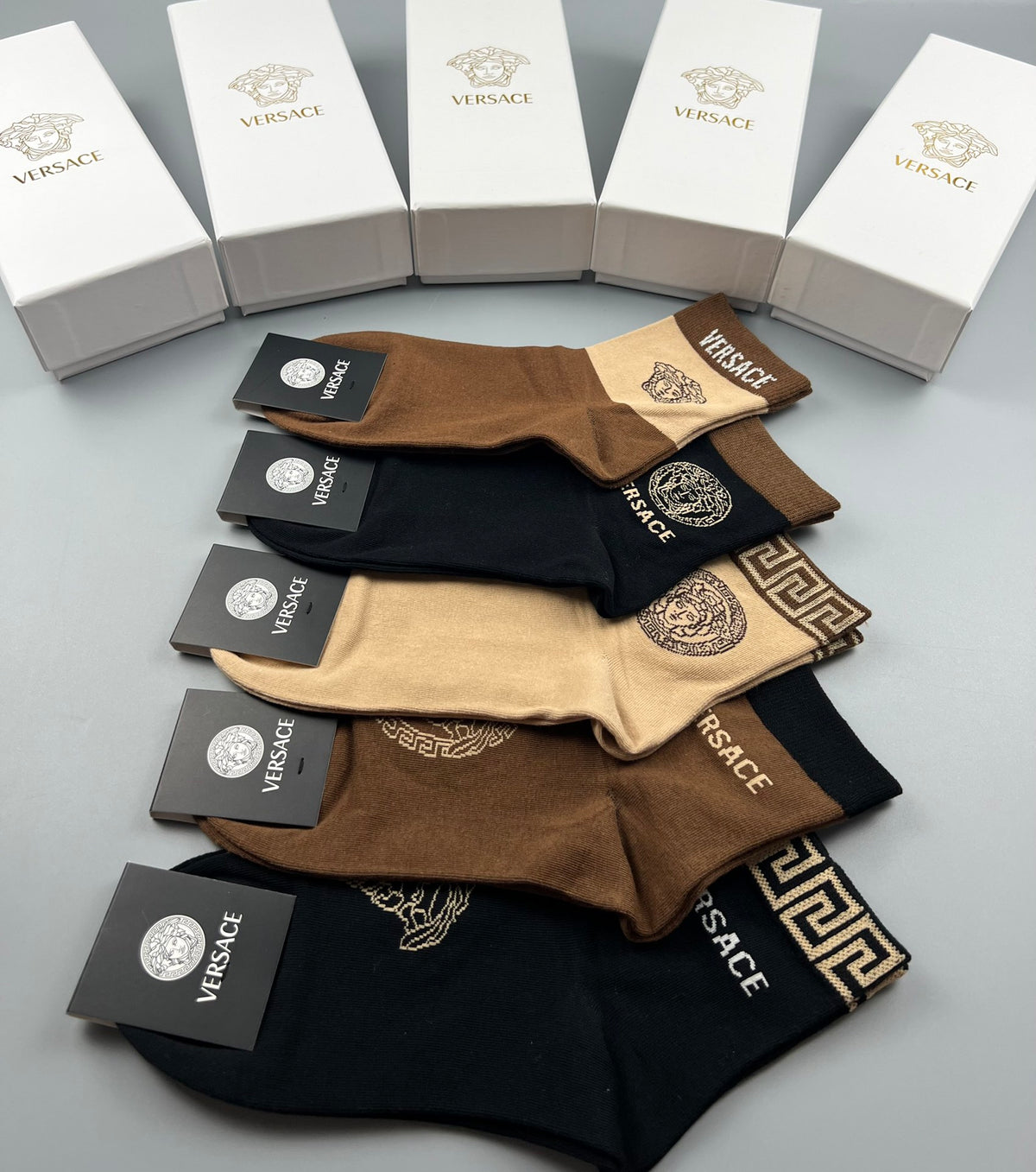 Versace Earthy Gold Key Large Medallions Crew Socks, image 8