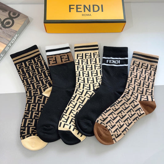 Fendi Black Cream Dense Vertical Letters Crew Socks, image 1