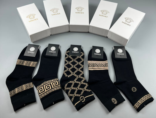 Versace Dark Gold Greek Key Cuffs Crew Socks, image 1