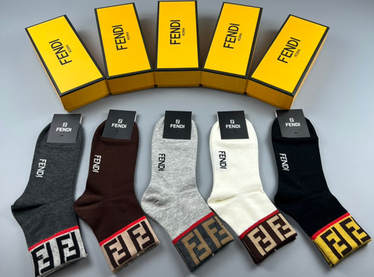 Fendi Grey Brown Black Small Hem Letters Crew Socks, image 1