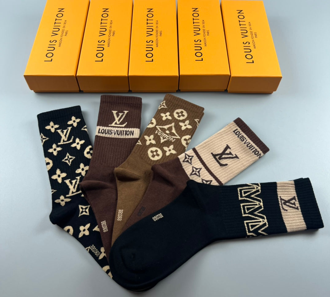 Louis Vuitton Black Cream Brown Large Motifs Crew Socks, image 6