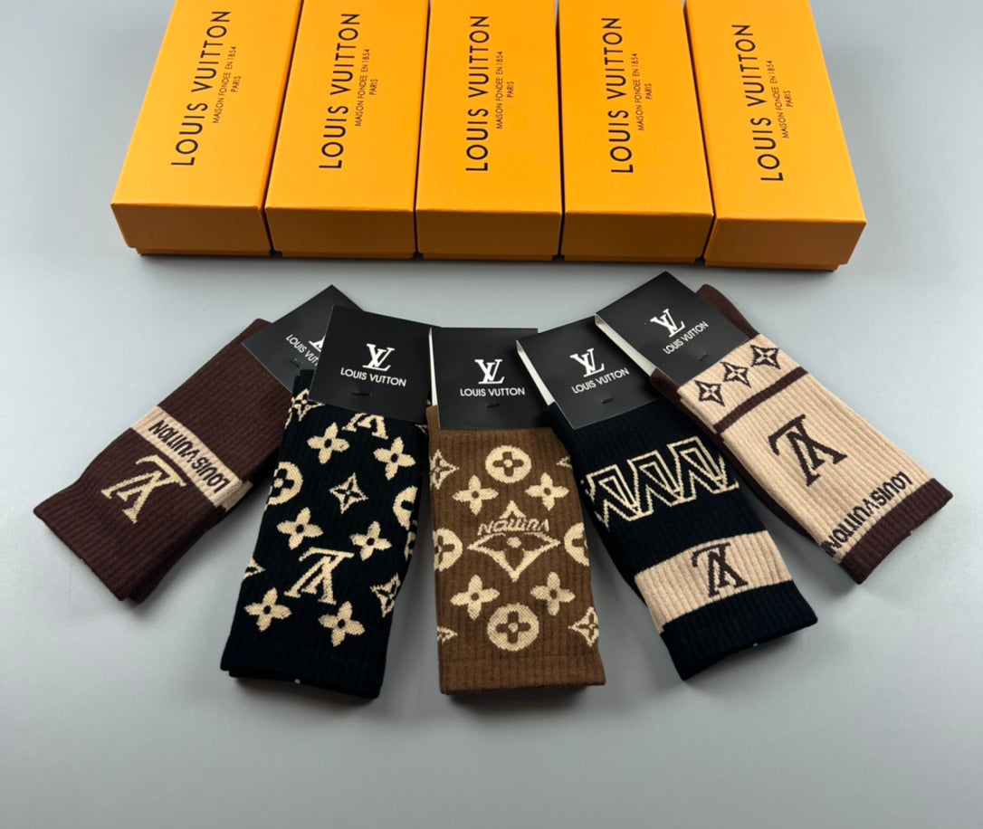 Louis Vuitton Black Cream Brown Large Motifs Crew Socks, image 3