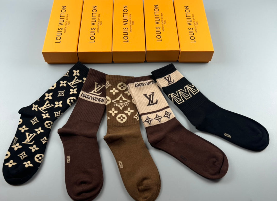 Louis Vuitton Black Cream Brown Large Motifs Crew Socks, image 5