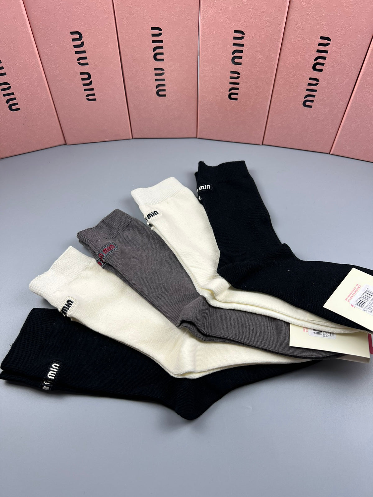 Miu Miu Black White Grey Fine Side Letters Crew Socks, image 8