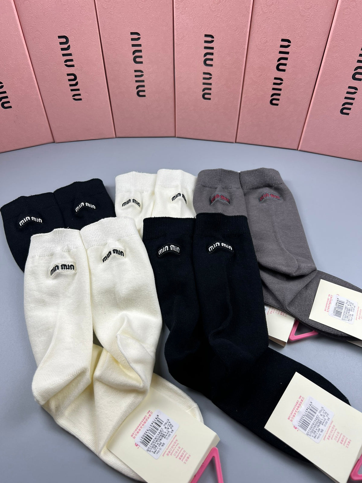 Miu Miu Black White Grey Fine Side Letters Crew Socks, image 4