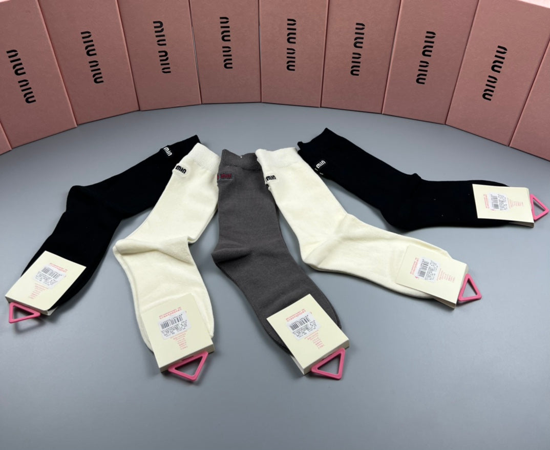 Miu Miu Black White Grey Fine Side Letters Crew Socks, image 3