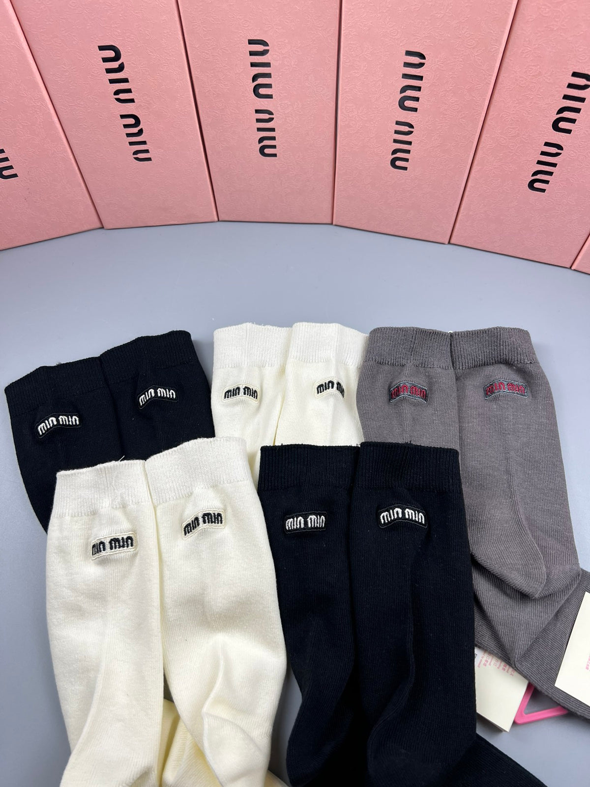 Miu Miu Black White Grey Fine Side Letters Crew Socks, image 5