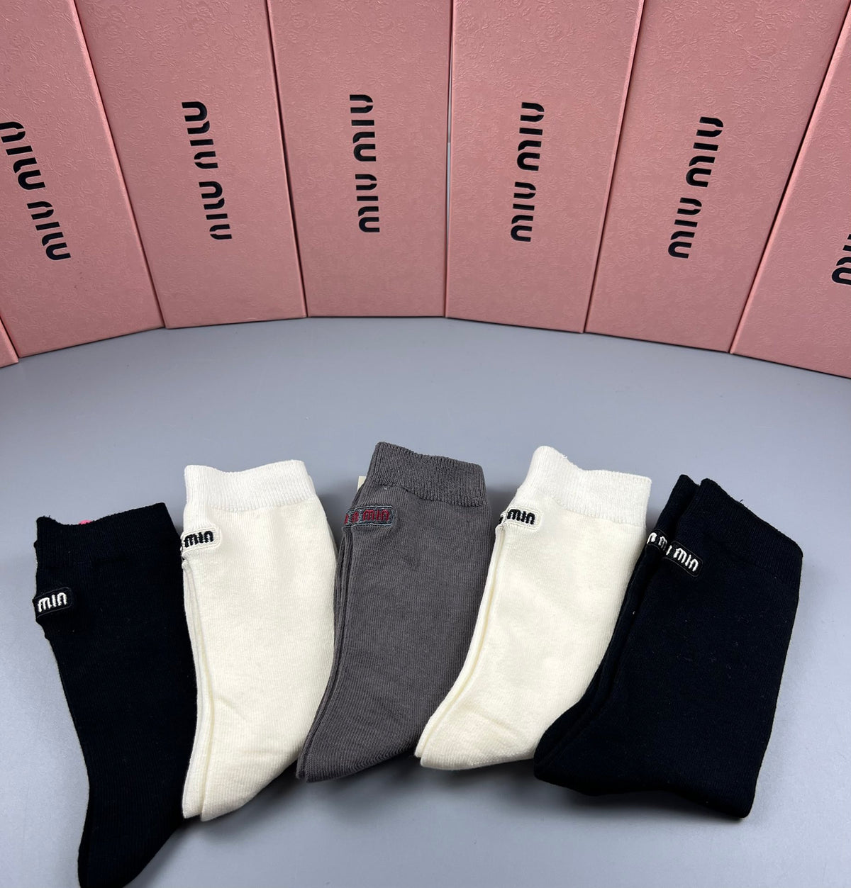 Miu Miu Black White Grey Fine Side Letters Crew Socks, image 7