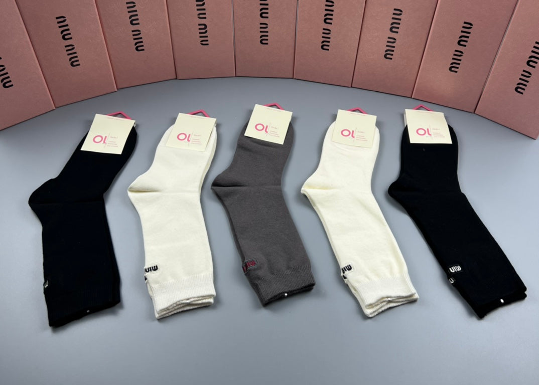 Miu Miu Black White Grey Fine Side Letters Crew Socks, image 1
