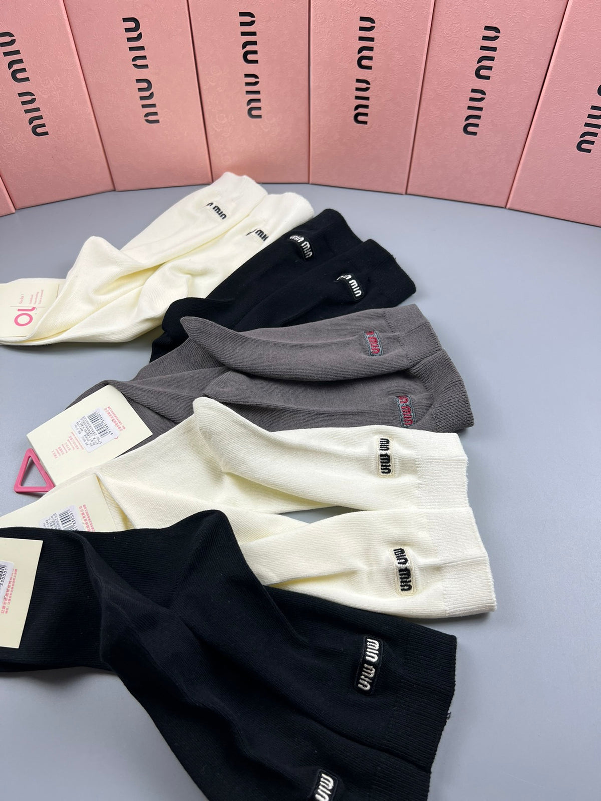 Miu Miu Black White Grey Fine Side Letters Crew Socks, image 6
