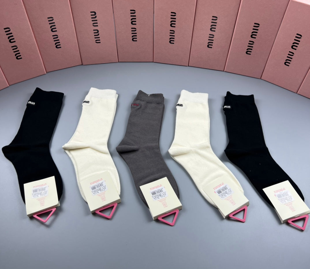Miu Miu Black White Grey Fine Side Letters Crew Socks, image 2