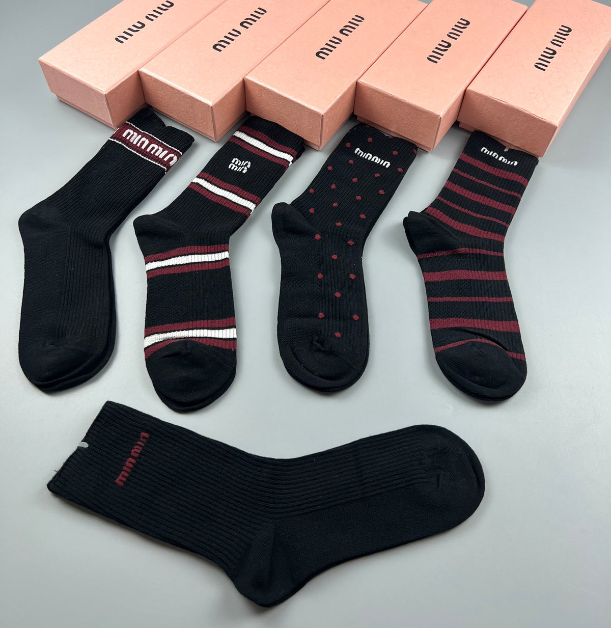 Miu Miu Black Burgundy Grey Narrow Stripe Cuffs Crew Socks, image 7