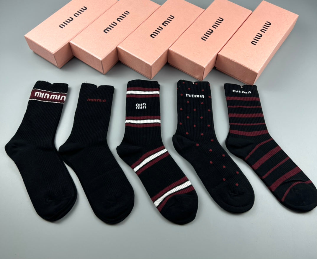 Miu Miu Black Burgundy Grey Narrow Stripe Cuffs Crew Socks, image 1