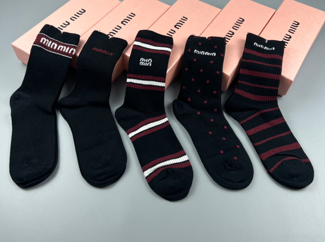 Miu Miu Black Burgundy Grey Narrow Stripe Cuffs Crew Socks, image 3