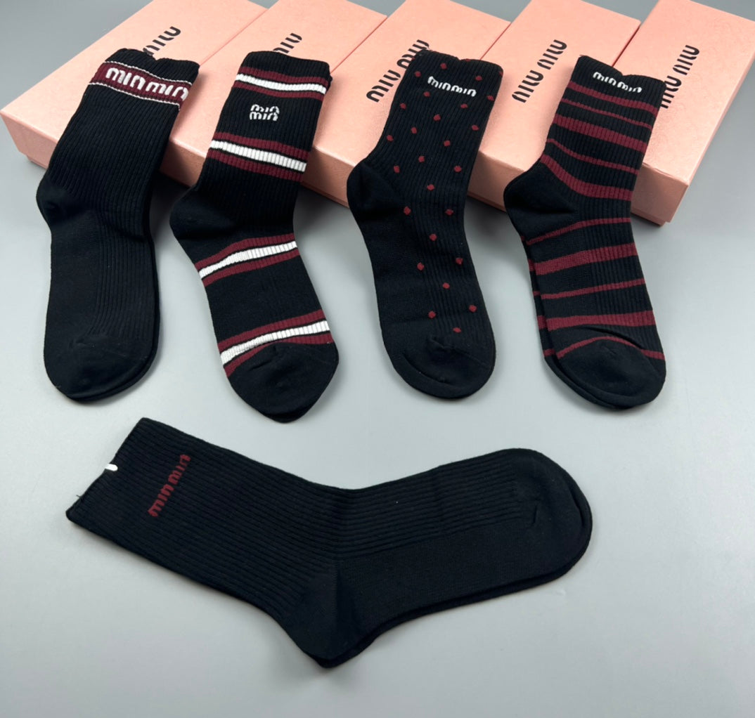 Miu Miu Black Burgundy Grey Narrow Stripe Cuffs Crew Socks, image 5
