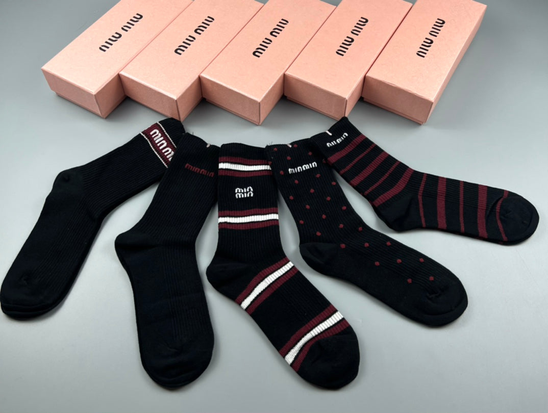 Miu Miu Black Burgundy Grey Narrow Stripe Cuffs Crew Socks, image 2