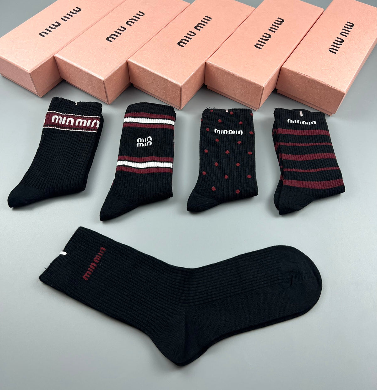 Miu Miu Black Burgundy Grey Narrow Stripe Cuffs Crew Socks, image 6