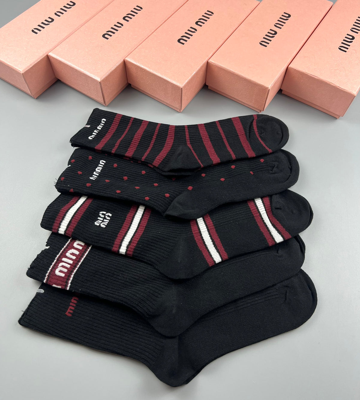 Miu Miu Black Burgundy Grey Narrow Stripe Cuffs Crew Socks, image 8