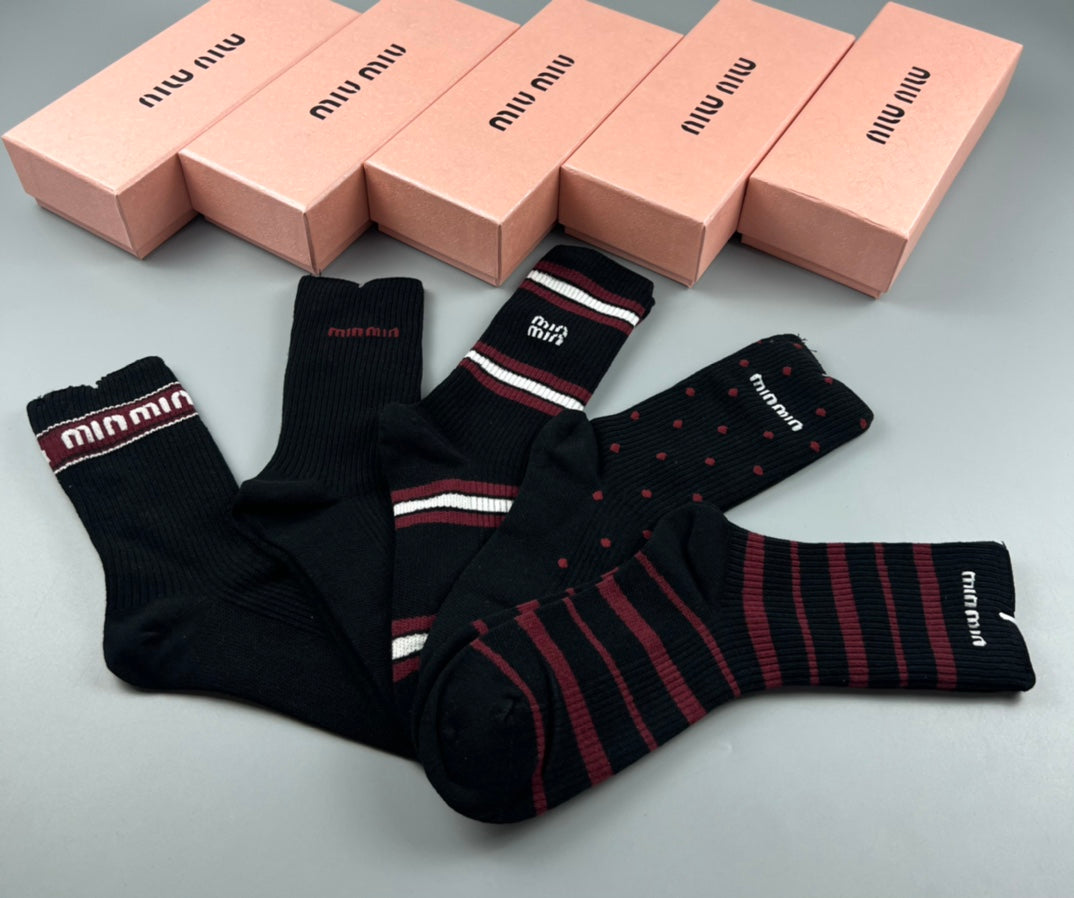 Miu Miu Black Burgundy Grey Narrow Stripe Cuffs Crew Socks, image 4