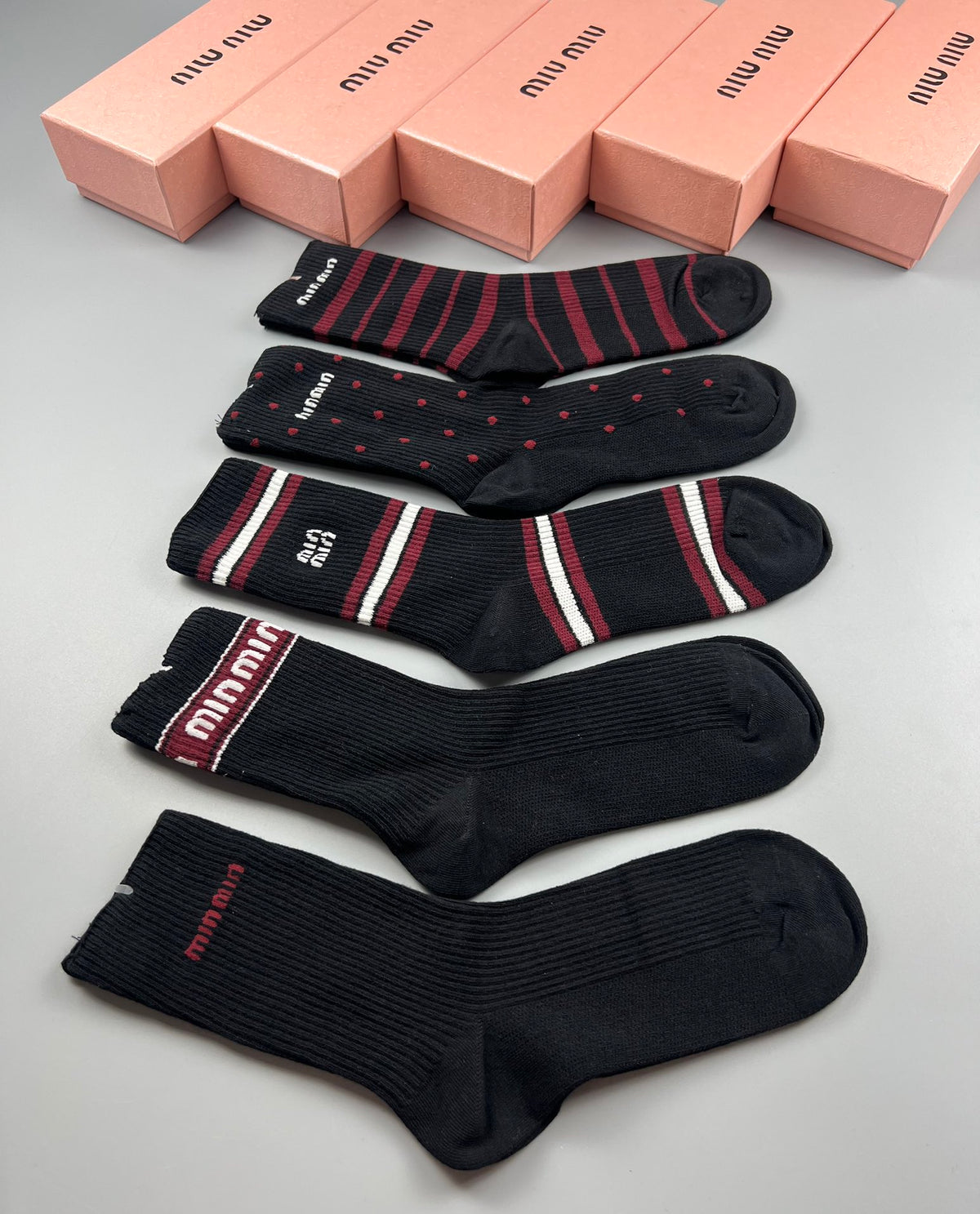 Miu Miu Black Burgundy Grey Narrow Stripe Cuffs Crew Socks, image 9