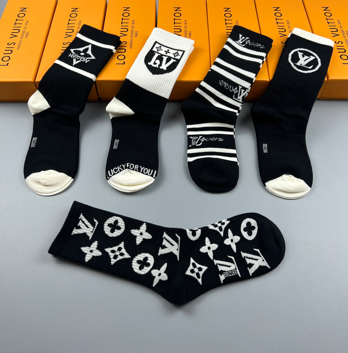 Louis Vuitton Black White Mixed Emblem Stripes Crew Socks, image 6