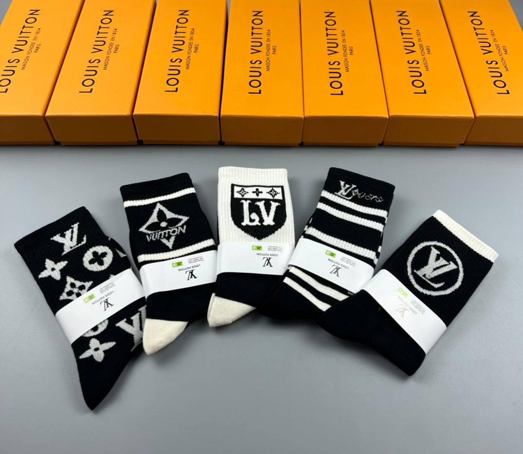 Louis Vuitton Black White Mixed Emblem Stripes Crew Socks, image 2