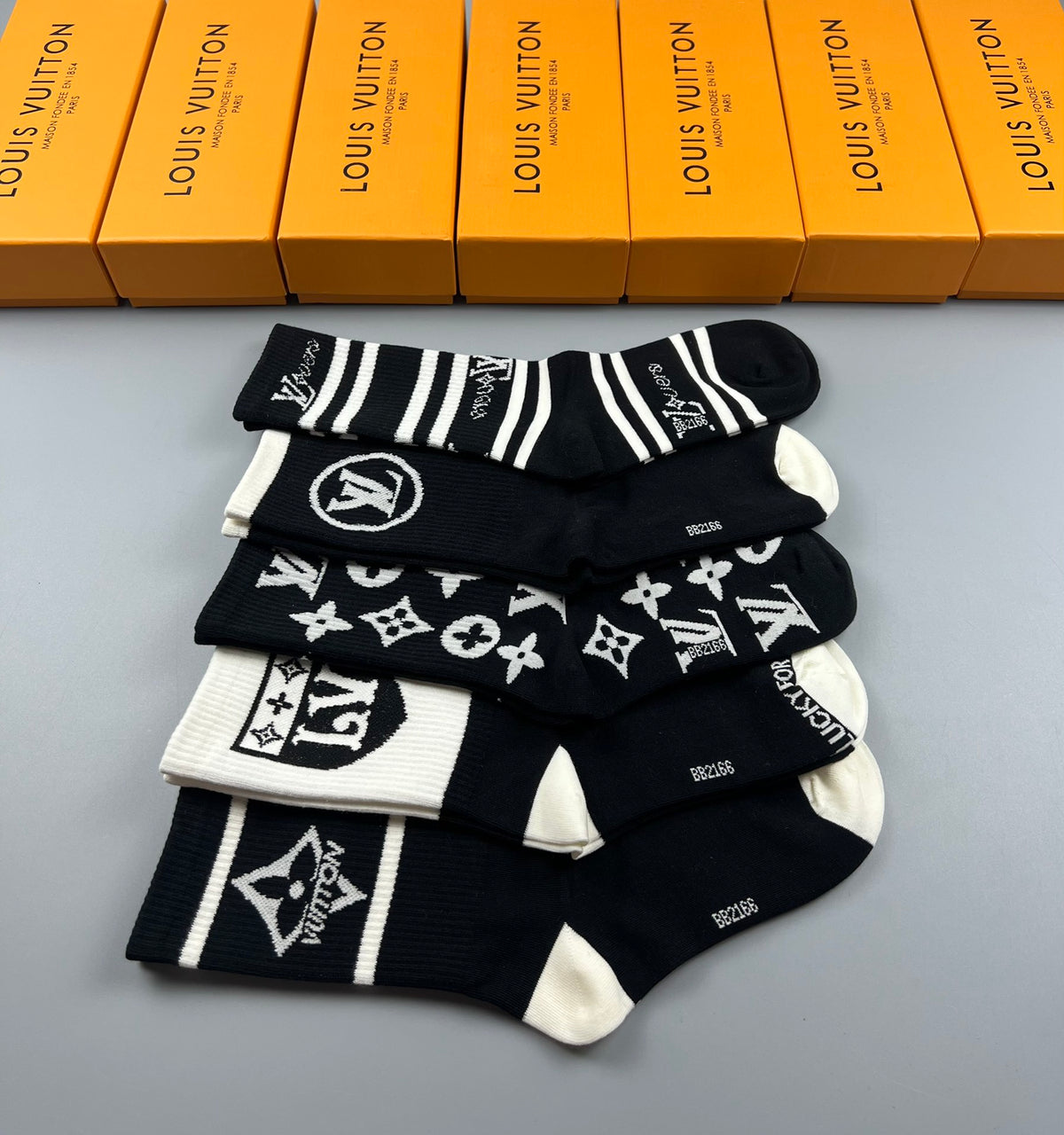 Louis Vuitton Black White Mixed Emblem Stripes Crew Socks, image 8