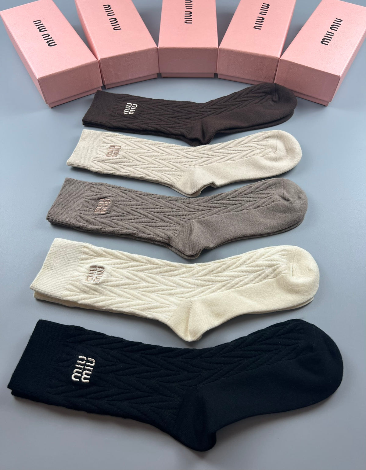 Miu Miu Earthy Navy Cream Tall Ribbed Wordmarks Crew Socks, image 9