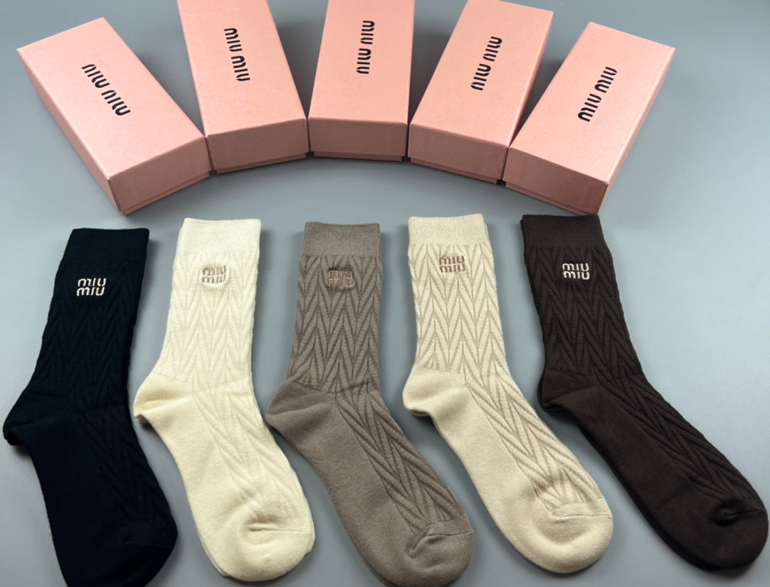 Miu Miu Earthy Navy Cream Tall Ribbed Wordmarks Crew Socks, image 1