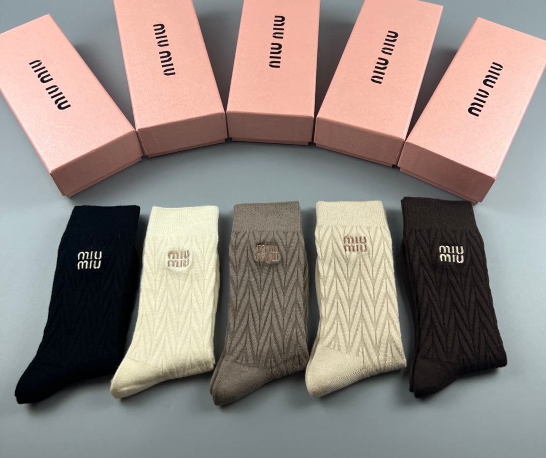 Miu Miu Earthy Navy Cream Tall Ribbed Wordmarks Crew Socks, image 6